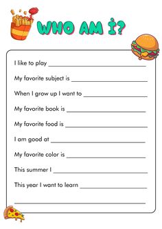 a worksheet with the words who am i? and an image of a hamburger