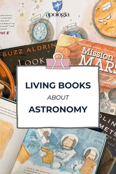 a pile of books with the title living books about astronomy