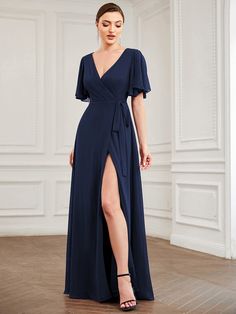 Tie Waist High Slit Flutter Sleeve Chiffon Evening Dress #Color_Navy Blue Flutter Sleeve Formal Dress, Formal Dress Navy, Sister Of Groom Dress, Navy Blue Dress With Sleeves, V Neck Dress Formal, Navy Blue Dress Outfit, Mom Dresses, Dress Banquet, Ruffles Sleeves