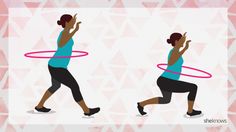 a woman doing exercises with a hula hoop in front of a pink triangle background