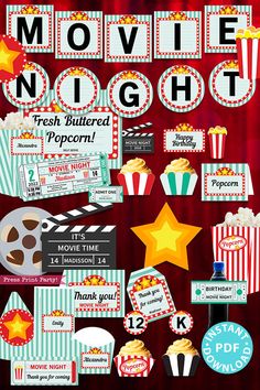 a movie night poster with popcorn, movies and other things to do on the screen