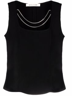 Black chain-detail sleeveless blouse from 1017 Alyx 9SM featuring chain-link detailing, square neck, sleeveless and fitted waistline. | Alyx Chain-Detail Sleeveless Blouse Formal Top, Chain Top, 1017 Alyx 9sm, Black Chain, Top Sleeveless, Blouse Black, Black Tank Tops, Sleeveless Blouse, Black Blouse