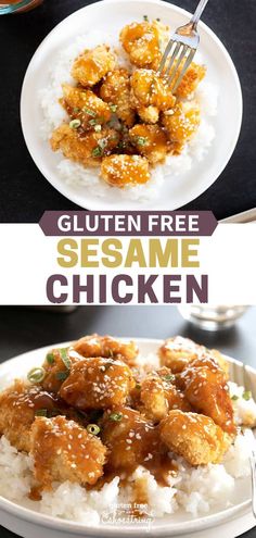 two plates filled with chicken and rice on top of a black table next to the same plate