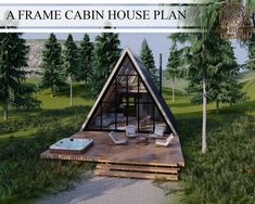 a frame cabin house plan with a hot tub and deck in the middle of it