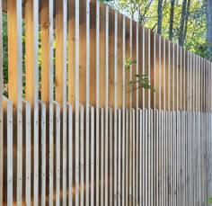 a wooden fence in front of trees and bushes