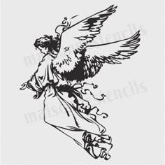 an angel with wings flying in the air, black and white drawing on a white background