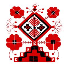 a red and black design on a white background, with geometric shapes in the center