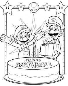 an image of happy birthday coloring page with mario and luigi in front of a cake