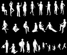 the silhouettes of people sitting and standing in different positions, all drawn by hand