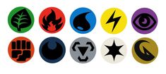 six different colored circles with symbols in the middle one has lightning, fire, and earth