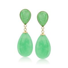 Ross-Simons - Green Jade Teardrop Earrings in 14kt Yellow Gold Coral Drop Earrings, Emerald Earrings Drop, Jade Bead Necklace, Sapphire Necklace Pendants, Fine Silver Jewelry, Silver Jewelry Design, Jade Earrings, Skateboard Art, Leaf Jewelry