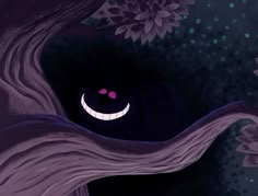 an animated image of a tree with a smile on it's face and flowers in the background