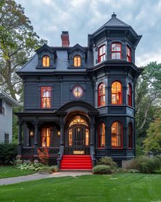 Sleek Charcoal Gray and Intense Red Outside Paint Colors for Edgy Exteriors • 333+ Art Images Goth Houses Exterior, Goth Home Exterior, Dark House Exterior, Outside Paint Colors, Fantasy Houses, House Flipper, Loft House Design, Outside Paint