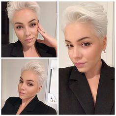 Credit Hair Cuts 2020, Pixie Hair Cuts, Bald Hairstyles, Short Pixie Hair, Choppy Pixie, Bold Haircuts, Platinum Blonde Pixie, Chemo Hair