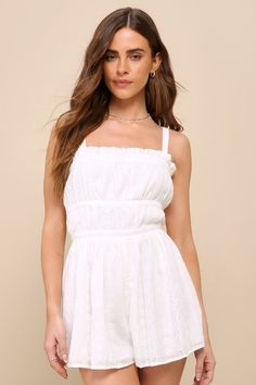 Playful Summer White Eyelet Embroidered Tie-Back Romper Embroidery Shapes, Embroidered Tie, Eyelet Embroidery, Flowy Shorts, Summer White, White Eyelet, White Summer, Woven Cotton