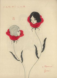 a drawing of two red flowers with a woman's face in the middle one