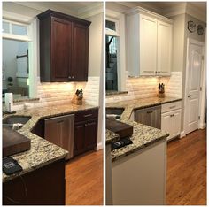 two pictures of a kitchen with white cabinets and granite counter tops