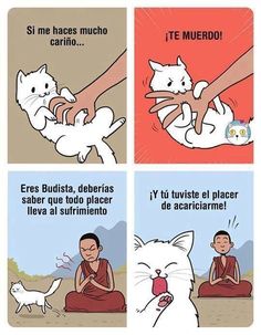 a comic strip with two cats and one cat being petted by a person's hand