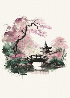 watercolor painting of a bridge and trees with pink flowers