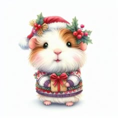 a brown and white hamster wearing a christmas hat with holly wreaths on it's head