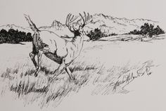 a black and white drawing of a deer running through the grass with mountains in the background