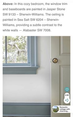 an image of a room with white walls and blue trim on the door, and a photo of a window