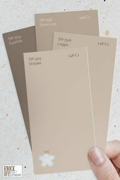 a hand holding three different shades of paint swatches in front of a white background