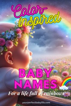 a baby with flowers on her head looking at the sky and rainbow in the background