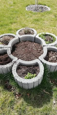 there is a circular garden design made out of concrete blocks and dirt in the middle