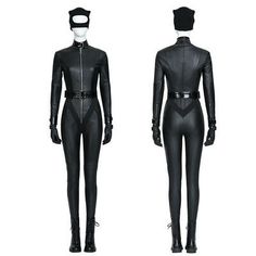 two mannequins wearing black catsuits and hats