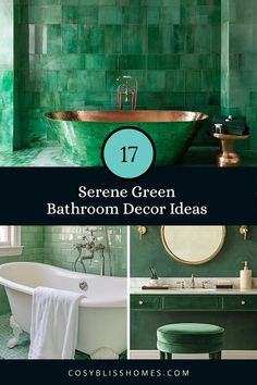 Discover 17 serene green bathroom decor ideas featuring nature-inspired touches like green candles and stylish shower curtains to create a soothing home oasis. This pin showcases 3 beautiful images illustrating calming decor ideas.