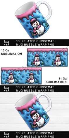 the instructions for how to make a snowman coffee mug with images and text on it