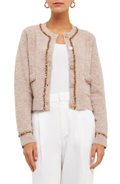 Endless Rose Sequin Trim Cardigan | Nordstrom Knit Bottom, Blazer And Shorts, Romper With Skirt, Dress Cuts, Cropped Cardigan, Trim Detail, Clothes Collection, Dress First, Favorite Jeans