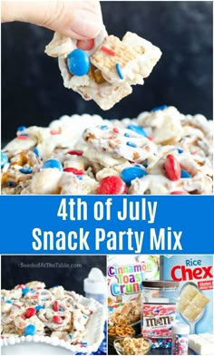 the fourth of july snack party mix is shown in this collage with text overlay