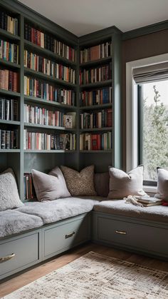 a living room filled with lots of books on top of a book shelf next to a window