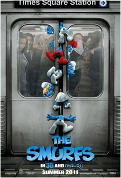 the smurfs movie poster with characters coming out of a subway car door and on top of each other