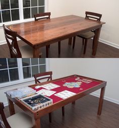 two pictures of a table and chairs in the same room, one has a card game on it