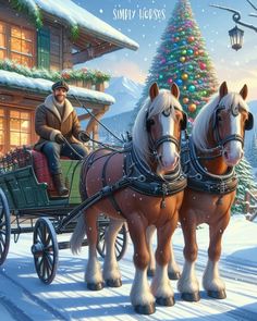 two horses pulling a sleigh in front of a christmas tree with a man on it