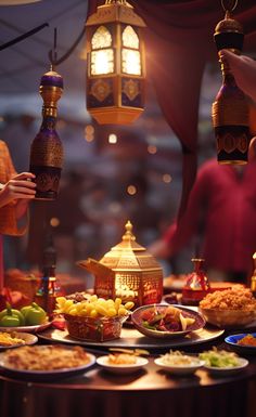 a table filled with plates and bowls of food next to a lamp hanging from the ceiling