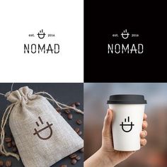 the logo for nomad coffee is shown in three different colors and styles, including one with