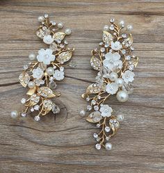 Pair of Handmade Vintage Style Gold Leaf Floral Pearl Bridal - Etsy UK