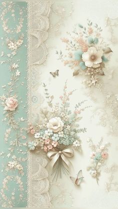 wallpaper with flowers and butterflies in pastel blue, pink and white colors on cream background