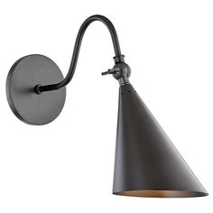 an industrial style wall light with a metal cone shade on the arm and a white background