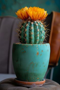 a cactus sitting in a green pot on top of a table