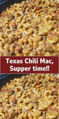 two pictures with the words texas chili mac, and an image of some noodles in it