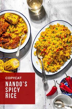 Spicy Nandos served in a large oval dish with a plate of chicken wings, corn on the cob and rice on the side. Spicy Rice Recipe, Fakeaway Recipes, Side Dishes For Chicken, Spicy Rice, Grilled Seafood, Gluten Free Rice, Dinner Sides, Gluten Free Chicken