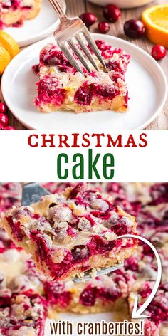 christmas cake with cranberries and oranges on it is cut in half to show the layers