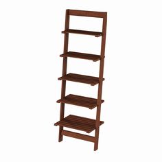 a tall wooden shelf with three shelves on each side and two levels above the top