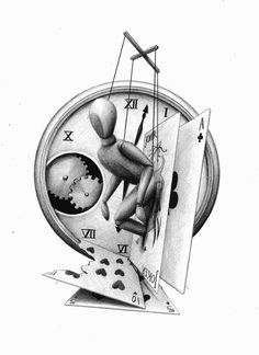 a drawing of a person hanging on to a clock