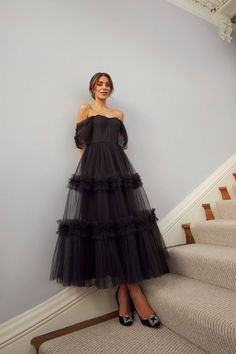 Black Romantic Dress, Tulle Gown With Sleeves, Draped Corset, Lydia Millen, Tiered Tulle Skirt, Romantic Dresses, Black Ruffle Dress, Black Tie Dress, Corset Bodice